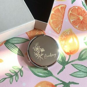 “Lindsay” Silver Compact Mirror with Floral Design